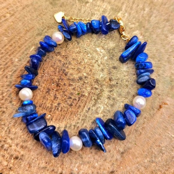 Nature Blue Kyanite Chips White Pearl Adjustable Bracelet - Picture 7 of 10